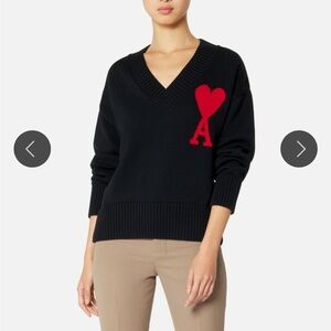 Ami Black V-Neck Sweater knit with Red Heart 'A' Motif